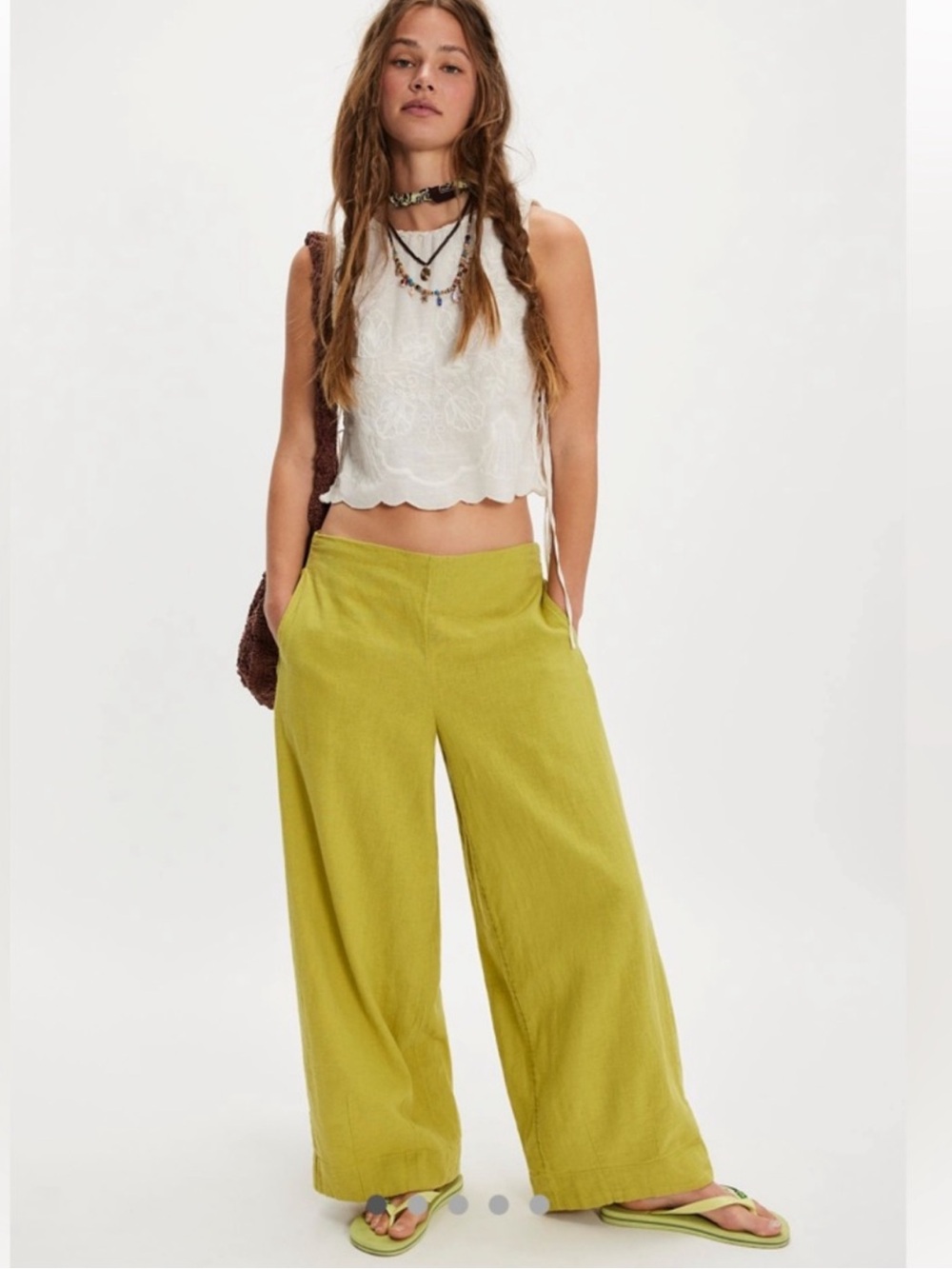 Free People Free-est Demi Wide-Leg Linen-Blend Pants M Chartreuse color Palma